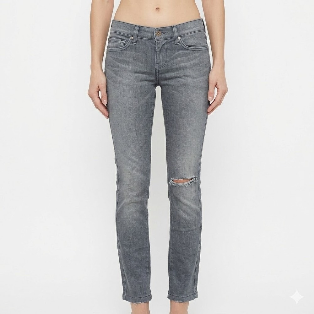 7 For All Mankind Edie‎ Slim Straight Grey Distressed Jeans Size 26 Made in USA